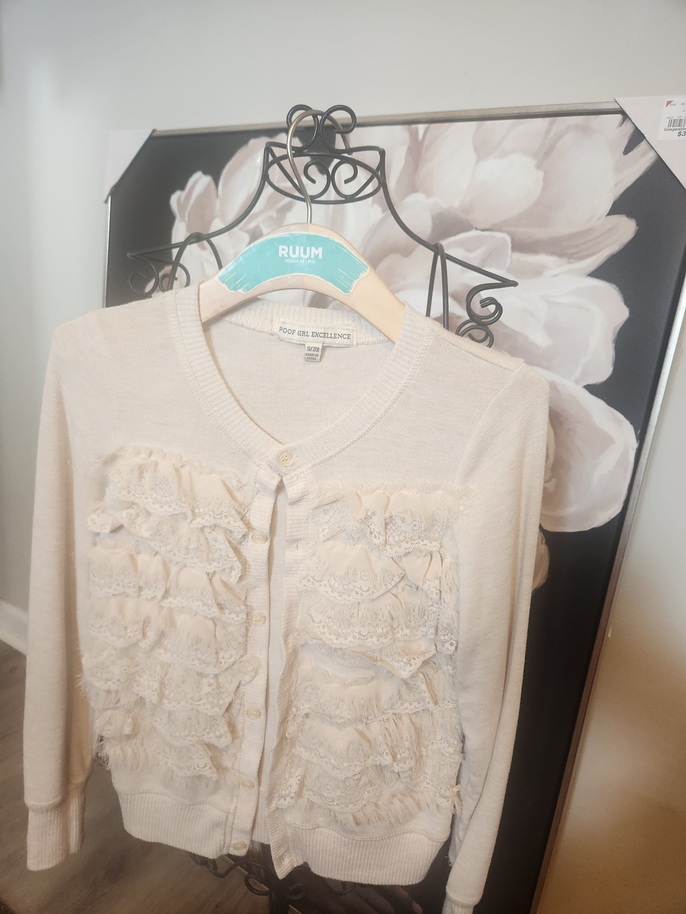 Girl's Cream Ruffle-Front Cardigan
